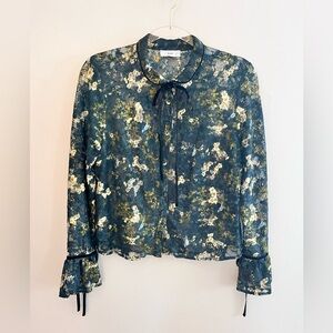 KAZO Floral Print Lace Button Down Bell Sleeve Blouse